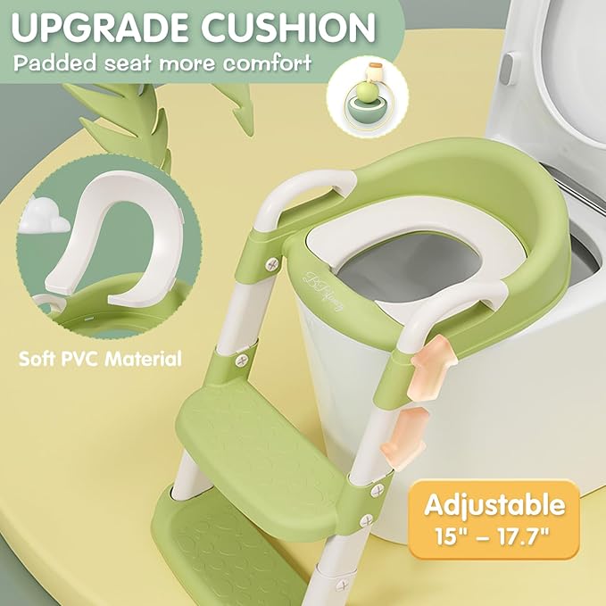 Potty Chair, potty training toilet seat with step stool ladder for Kids and Toddler Boys Girls - Kids Potty Training Soft Padded Seat（Green）