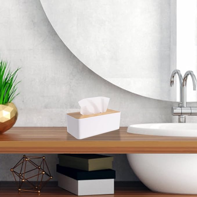MOCHTERO Tissue Box Cover,Tissue Holders,Tissue Box Holder for Bathrooms,Bamboo Cover Plate,Home and Office,9.7 * 5 * 3.6in (White)