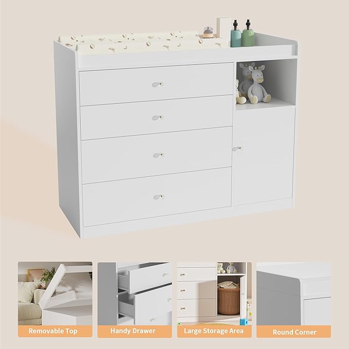 Nursery Dresser Changing Table Dresser with Changing Table Top Baby Diaper Changing Station with 5 Drawers for Infants Chest Storage Changing Station Nursery Organizer,White