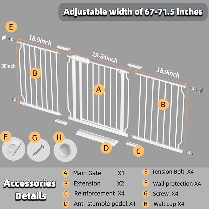 TSAYAWA Extra Wide Walk Through Baby Gate with Door,67-71.5 Inch Wide Presure Mounted No Drill Metal Auto Close Child Gate for Stair Doorway - Indoor Outdoor Safty Gate for Toddler Dog Doggie, White