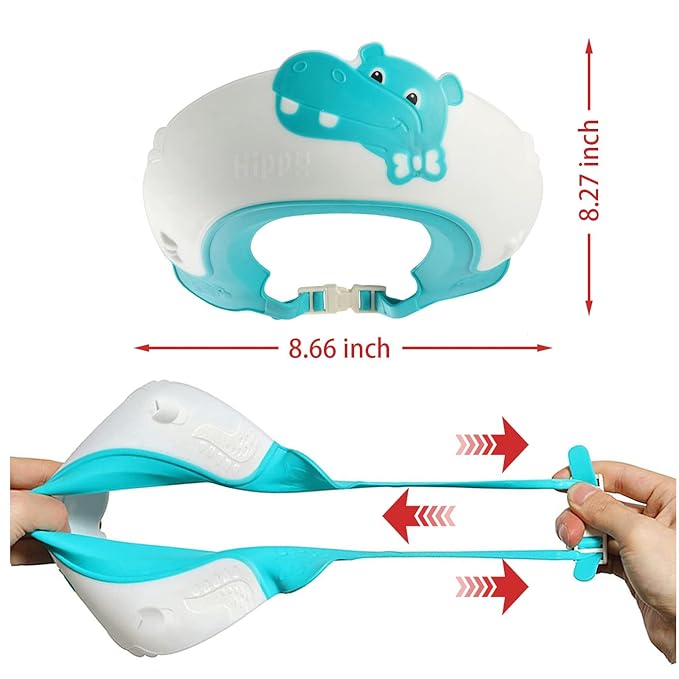 Baby Shower Cap Shield, Shower Cap for Kids, Visor Hat for Eye and Ear Protection for 0-9 Years Old Children,Cute Dinosaur/Crocodile/Hippo shape Makes the Baby Bath More Fun (Hippo, Blue)