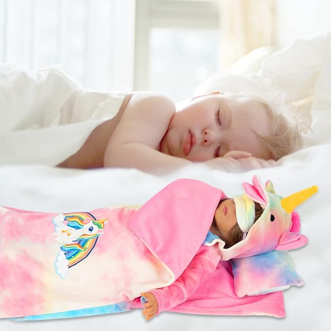 American 18 inch Doll Clothes and Sleeping Bag Set - Rainbow Unicorn Doll Costume with Unicorn Style Sleeping Bag, Pillow, Eye Mask Slumber Party Accessories