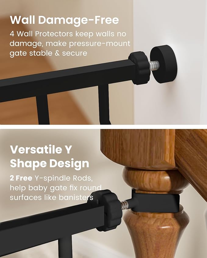 Mom's Choice-GROWNSY Baby Gate for Stairs, 30.5"-48.4" Pressure Mounted Baby Gate for Top of Stair&Doorway with Y-Spindle Rods, Anti-Trip Pedal, Wide Stairs Dog Gate Easy Install w/Red Reminder,Black