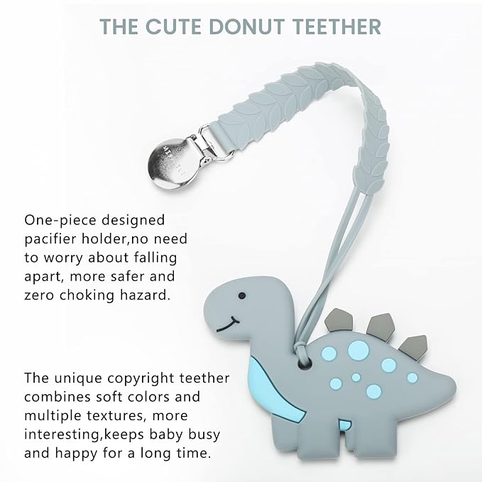 Teething Toys for Babies, Baby Teethers with Clip Silicone Baby Teether Toys for Boys and Girls Infant Teething Relief for Teething Dinosaur Shape, Gray