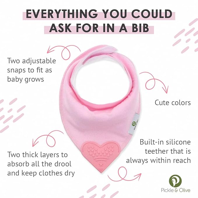 Baby Bandana Teething Bibs with Attached Silicone Teether - Set Of 4 - Solid Pinks