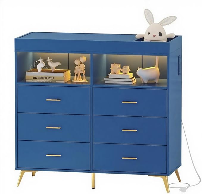 Dresser for Bedroom with LED Lights and Power Outlet, Baby Changing Table Dresser with 6 Drawers, 2 Open Storage Shelves, Baby Diaper Station with Changing Table Top (Blue)