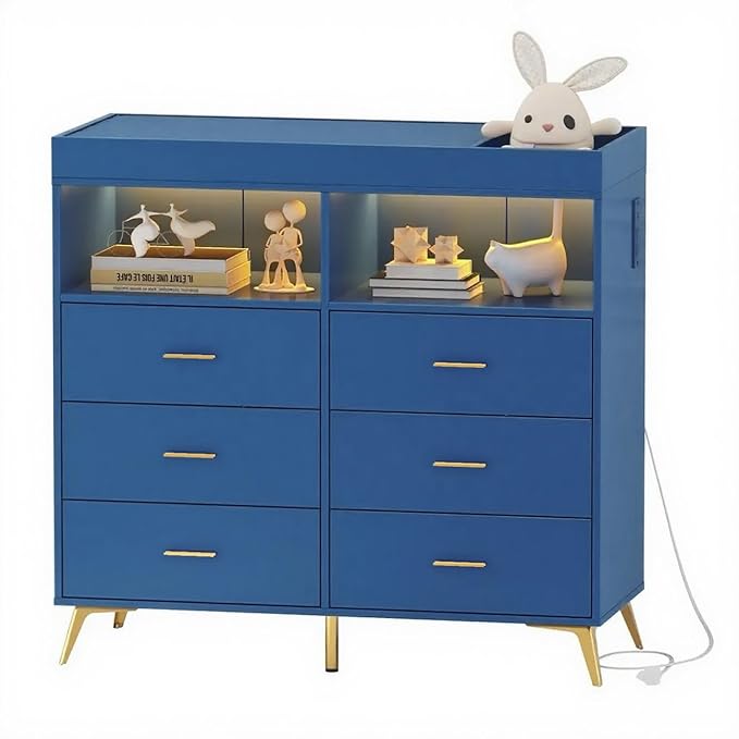 Dresser for Bedroom with 6 Drawers, Multi-Functional Nursery Dresser with LED Lights & Charging Station,Baby Changing Table Table with Diaper Changing Station