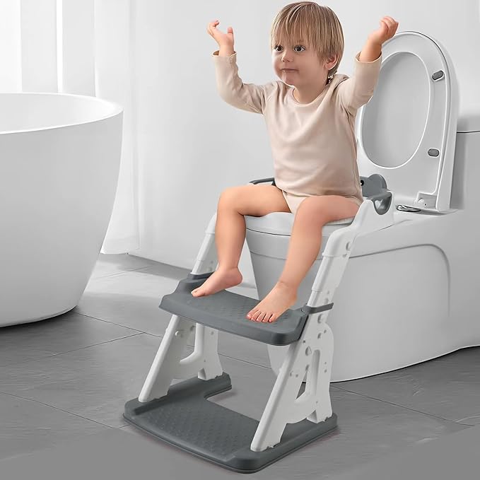 PandaEar Potty Training Seat with Step Stool Ladder, Toddler Toilet Seat for Kids Boys Girls, Comfortable Safe Potty Seat with Anti-Slip Pads Ladder & Bear Design -Grey