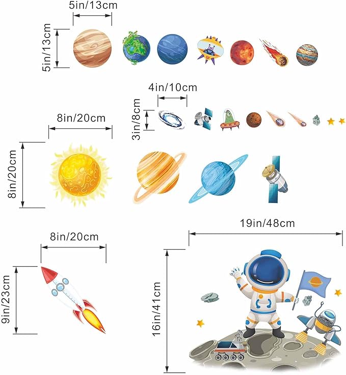Outer Space Astronaut Wall Stickers - Planets Rocket Boys Wall Decals - Baby Nursery Kids Room Daycare Playroom Classroom Wall Decor
