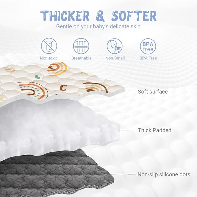 Boho Rainbow Baby Play Mat 71" X 59" Playpen Mat Thicken One-Piece Crawling Mat Non-Slip Cushioned Baby Floor Mat Letter Playmats for Babies Toddlers Infants Tummy Time Activity (71X59,Beige)