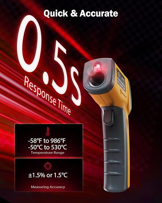Infrared Thermometer Laser Temperature Gun, Digital Surface Heat Temp Gun Non-Contact for Cooking Food, Pizza Oven, Griddle Meat, Refrigerator, HVAC, Grill, Engine -58℉~986℉ (GS320)