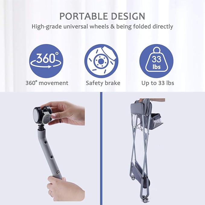 Baby Changing Table Portable Folding Diaper Changing Station with Wheels, Adjustable Height Mobile Nursery Organizer with Safety Belt and Large Storage Racks for Newborn Baby and Infant, Gray