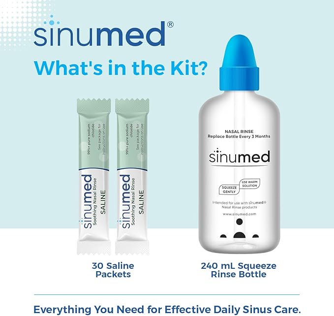 Sinus Rinse Kit, 30PK Nasal Rinse Packets with Saline, Squeeze Bottle, Alternative to Neti Pot, Helps with Allergy, Congestion, Cold Symptoms (30PK, Squeezable Bottle and Saline Only)