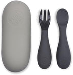 Baby Cutlery Set With Case, Spoon & Fork for Self Feeding, Silicone, 6 Months Plus (Grey)