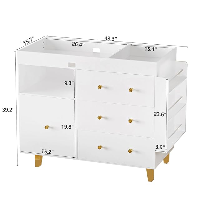 Baby Changing Table Dresser,Diaper Changing Table with Large Tabletop,4 Drawers, Open Storage Space & Side Shelves,Modern Storage Crib with Changing Table for Nurseries and Baby Rooms,White
