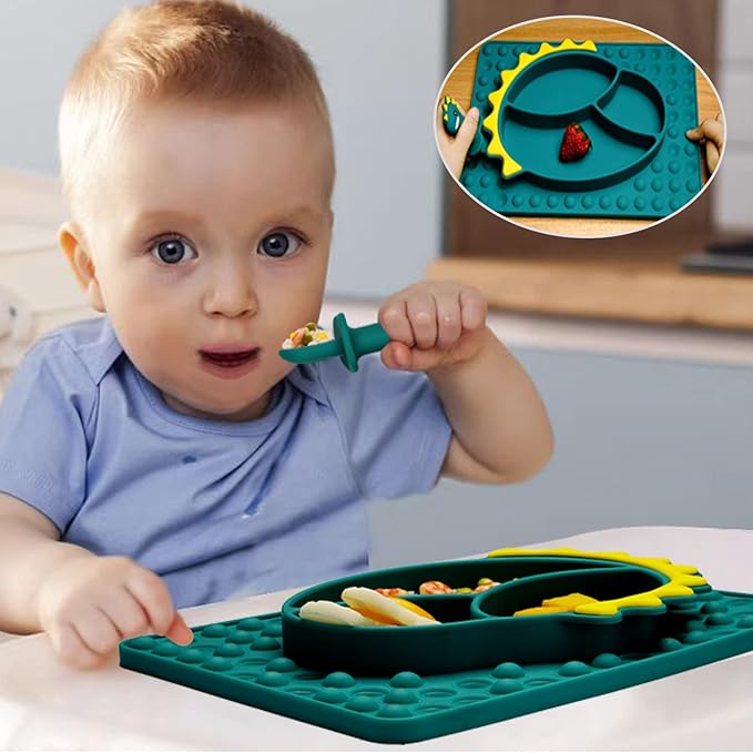 Silicone Toddler Dinosaur Feeding Placemat Set With Spoon and Forks, Baby Push Pop Bubble Suction Divided Plate Utensils, Kids Led Weaning Dish - Bubble Blue Dinosaur