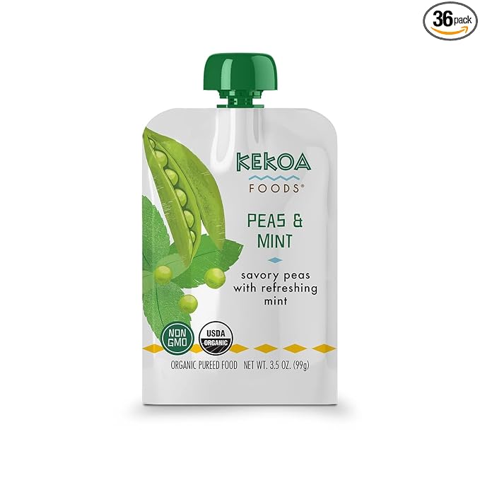 Kekoa Foods 100% Organic Vegetarian Baby Food Puree - Gluten-Free, Vegan, 3.5 oz Squeeze Pouch (36 Pack, Peas & Mint)