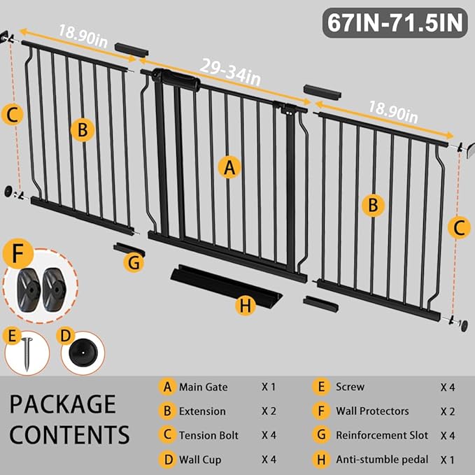 Fairy Baby Extra Wide Baby Gate Black 67-71.5 Inch Wide, Walk Through Pressure Mounted No Drill, Long and Large Tension Gate for Pet and Kids