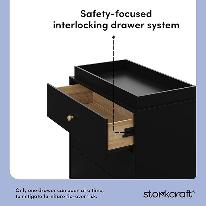 Storkcraft California 3-Drawer Chest with Removable Changing Topper (Black with Driftwood) – GREENGUARD Gold Certified, Interlocking Drawer System, Pre-Installed Tracks, Easy Assembly