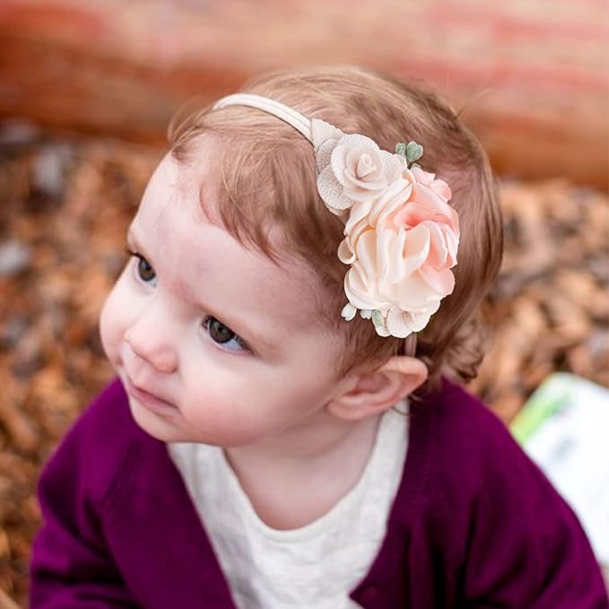 Baby Girl Nylon Headbands Flower Hair Bows Accessories-Elastic Hair Band Crown Handmade FLoral Wraps Birthday Gifts for Girls Newborn Infant Toddler 3Pcs