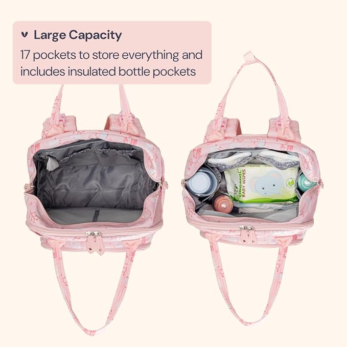BabbleRoo Diaper Bag Backpack - Baby Essentials, Travel Essentials Baby Bag with Changing Pad, Stroller Straps & Pacifier Case - Unisex, Pink Birdy