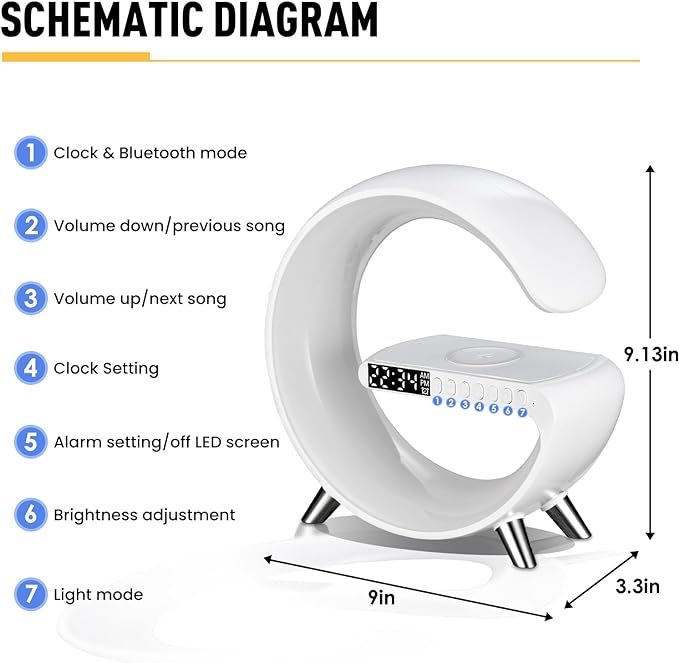 Smart LED Table Lamp, 4-in-1 Wireless Charger, Night Light, Alarm Clock, and Bluetooth Speaker with App Control for Bedroom, Office, and Home Decor (Black)