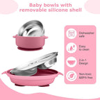 Stainless Steel Baby Plate and Bowl with Suction, Baby Bowl and Divided Kids Toddler Plate with Removable Silicone Shell, Non-Slip Toddler Baby Feeding Set, Forks + Spoons Included-Rose red