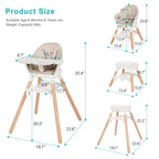 Baby High Chair, 6 in 1 Wooden Convertible High Chairs for Babies and Toddlers, Booster Seat with Double Tray & Reversible Footrest Baby Highchair, 5-Point Harness Baby Feeding Chair, Beige