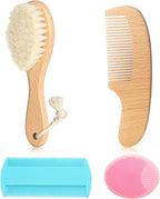 Goat Baby Hair Brush Set, Safe Natural Hair Care Kit with Wooden Soft Goat Bristles Brush Comb Pink Silicone Bath Brush for Newborns Toddlers (4pcs Set)