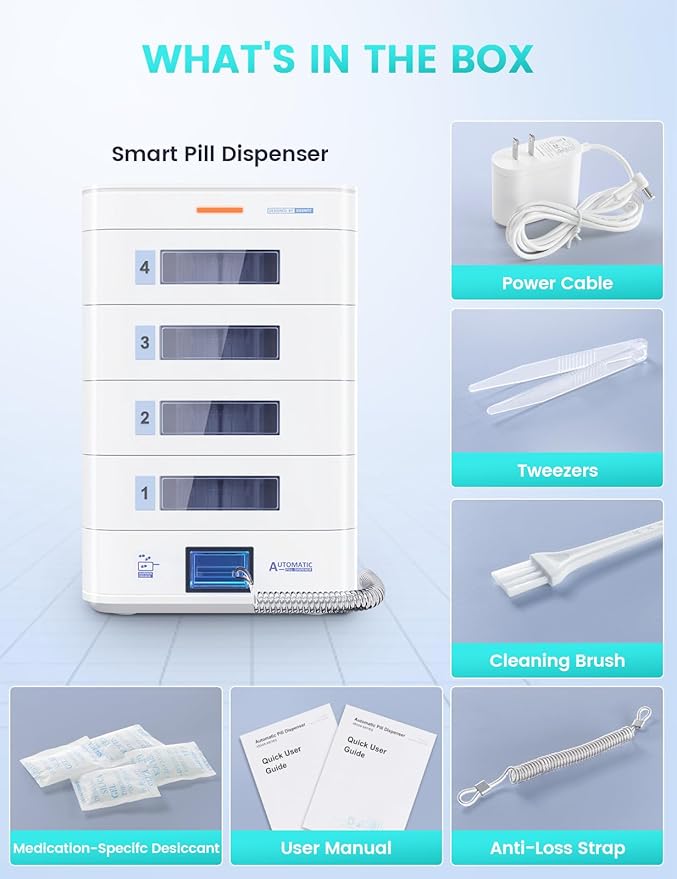 42-Day Automatic Pill Dispenser – App & On-Device Setup by Family, LCD Display, Digital Lock, Sound & Light Alerts – Safe Medication Organizer Management for Seniors (3-Tray, White)
