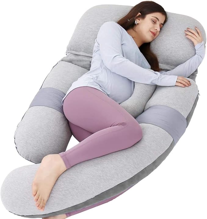 AS AWESLING 60in Full Body Pillow | Nursing, Maternity and Pregnancy Pillow | Extra Large U Shape Pillows with Detachable Side, Separate Support Pillow and Removable Cover (Velvet and Jersey Grey)