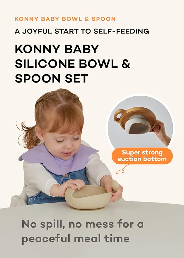 Konny Baby Bowl Microwaveable Silicone & Spoon Set, Self Feeding Essentials Baby Led Weaning Supplies -Raspberry Mousse
