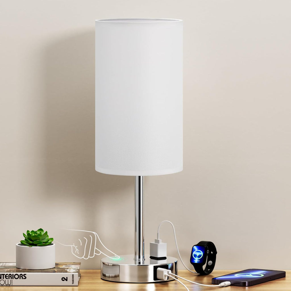 17.4Inch Bedside Touch Table Lamps for Bedroom - Tall Nightstand Lamp with USB-C USB-A Charging Ports White - 3 Way Dimmable Small Desk Lamp for Office, Dorm Room, Living Room, Reading