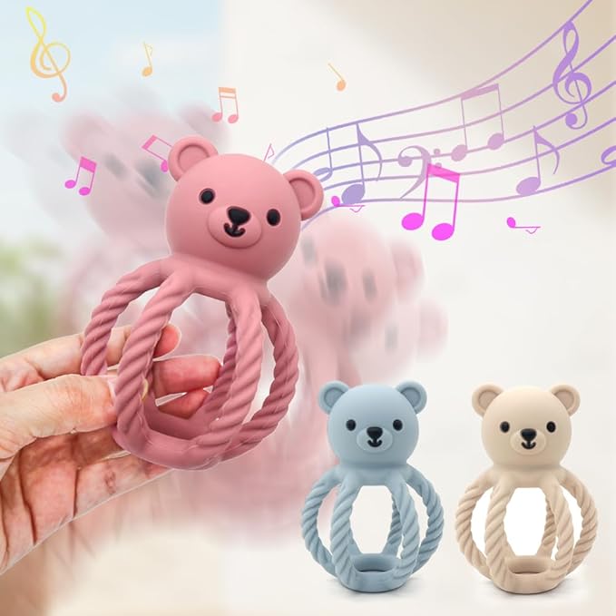 3Pcs Baby Silicone Teether Toy Set - Food-Grade Silicone Teething Relief Toys,Wooden Ring Teether Cute Bear Toy and Toy Straps for Babies 3-12 Months (Bright Beige)