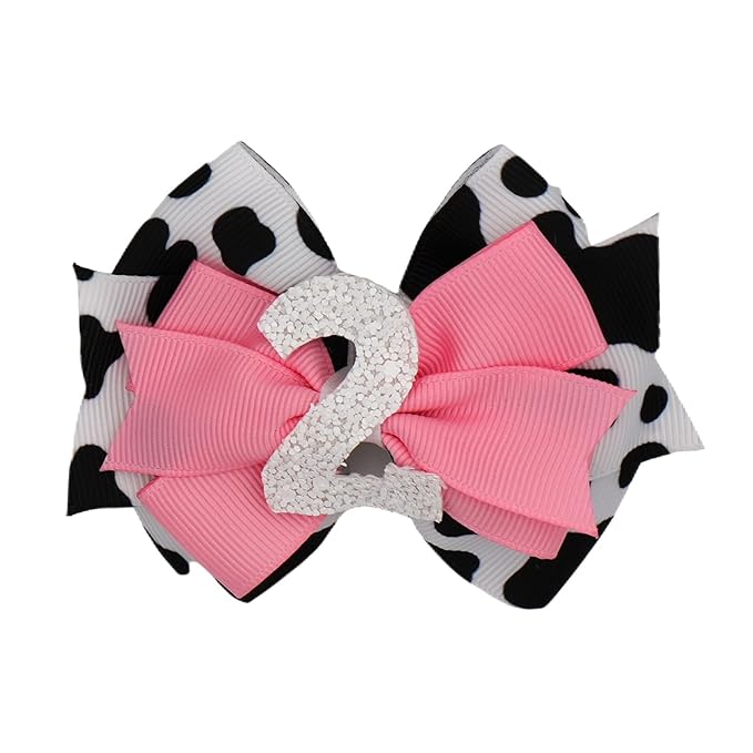 Birthday Hair Bow for Baby Girls 1 2 3 4 5 6 Years Sprinkle Decorations Party Pink Hair Accessories for Two 2nd Birthday Cow Print Cowgirl