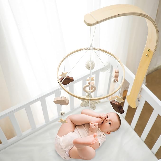 Baby Crib Mobile with Arm Boho Star Moon Nursery Mobile Set Wooden Baby Mobile Holder for Hanging Nursery Decor Ceiling Mobile
