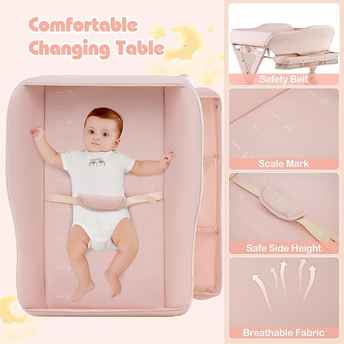 INFANS Baby Changing Table with Wheels, Portable Folding Diaper Station Nursery Organizer with Storage Basket, Hanging Rack, Adjustable Height, Safety Belt for Newborn Infant (Light Pink)