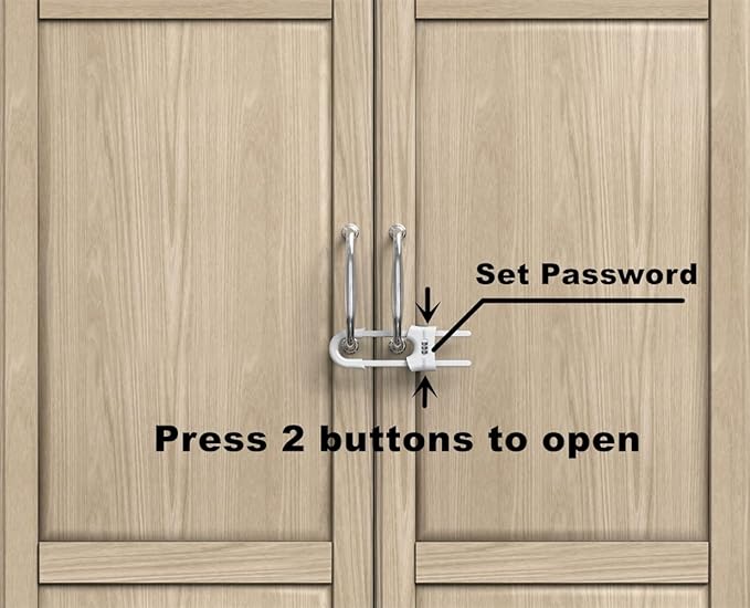 4 Pack Child Proof Sliding Cabinet Door Code Locks Baby Safety Cupboard Locks Adjustable U Shaped Cabinet Latches for Knob Handle Drawers Closet Plastic (4 PCS, White)