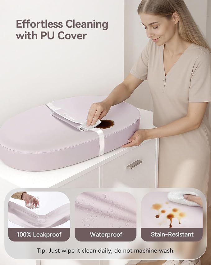 COMOMY Baby Changing Pad with Wipeable & Waterproof PU Cover, Contoured Diaper Changing Pad for Dresser with Non-Slip Safety Belt, Portable and Lightweight, Large Cushioned Foam, Lavender