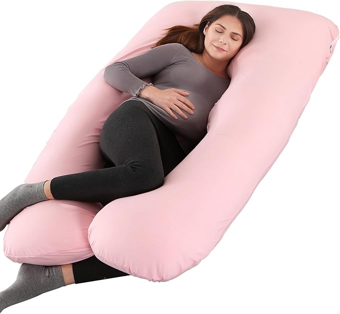 Amagoing Pregnancy Pillow, 57 Inch U Shaped Maternity Full Body Pillow for Sleeping, Support for Women with Hip, Leg, Back Pain, Washable Jersey Cover, Gift for Pregnant Women (Pink)