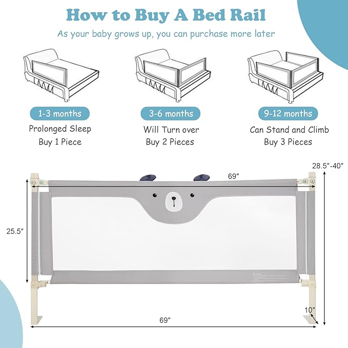 BABY JOY Bed Rail for Toddlers, 69’’ Extra Long, Height Adjustable & Folding Baby Bed Rail Guard w/Breathable Mesh & Double Safety Child Lock for Kids Twin Double Full Size Queen King Mattress (Gray)