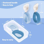 Baby Self Feeding Training Spoon and Fork Set with Travel Case, BPA-Free Cute Circle Toddler Training Utensils, Silicone/ABS Great Tableware Set Spoons Fork for Kids(Blue & Light blue)