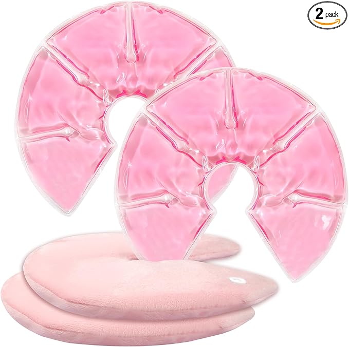 Breast Ice Packs, Hot & Cold Gel Therapy Pads for Breastfeeding, Postpartum Nursing, Engorgement, Mastitis, Pain Relief Breast Packs with Soft Covers, 2 Pack (Pink)