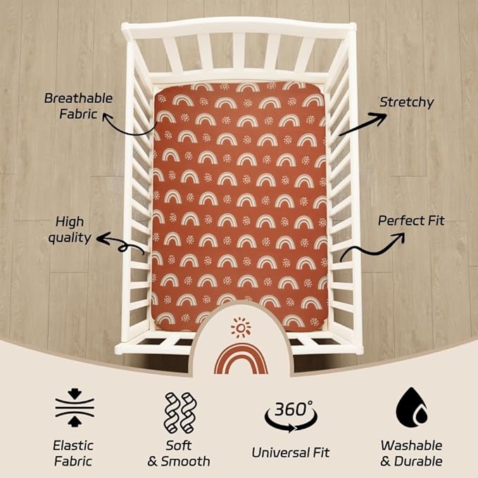Jola's House 4 Pack N Play Sheets - Mini Crib Sheets Boho Nursery Sheets, Sunshine & Rainbow Design - Neutral Unisex Fitted Baby Crib Sheets for Baby Boys or Girls