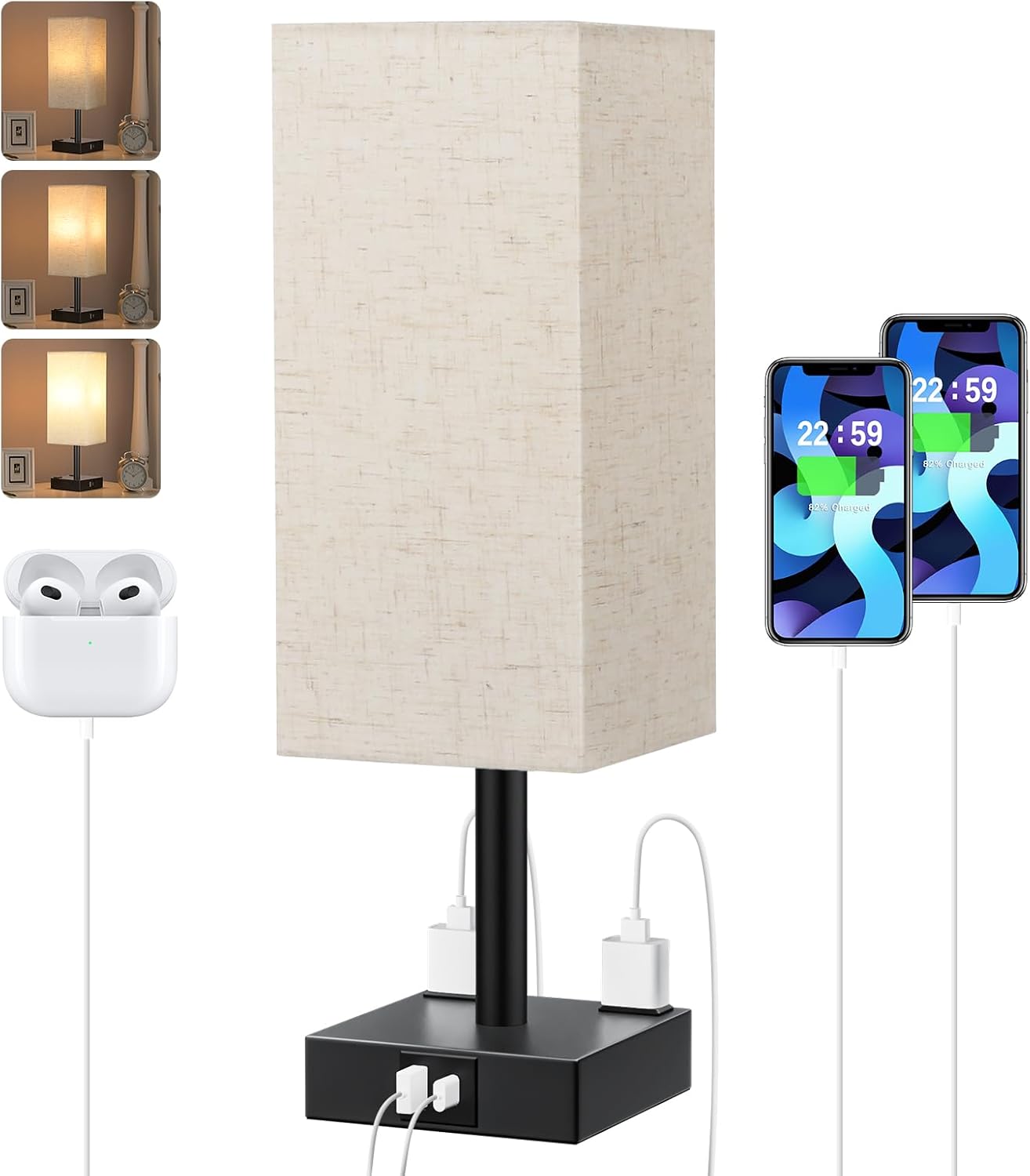 Touch Bedside Table Lamp for Nightstand - 3-Way Dimmable Night Lamp with USB A + Type C Charging Ports and Two AC Outlets, Small Desk Light with E26 LED Bulb for Bedroom Living Room Dorm, Beige