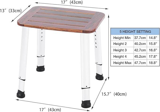 Bathroom Shower Bench Bath Stool Bathtub Seat Spa Chair Foot Rest Step, Height Adjustable Lightweight Waterproof and Rustproof, Teak