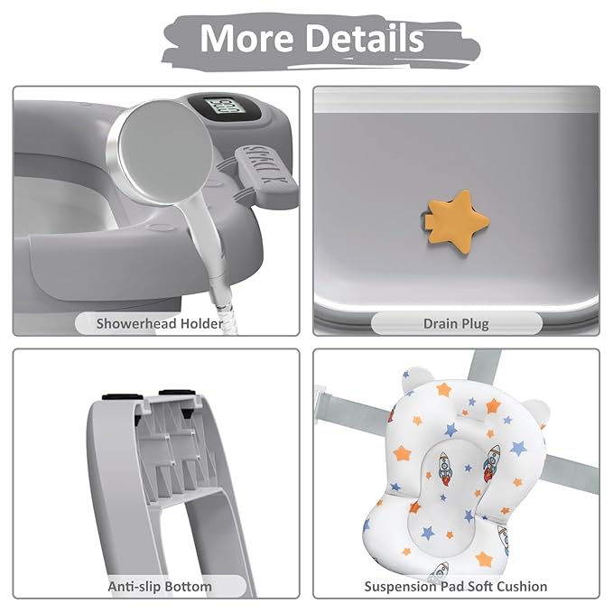 Collapsible Baby Bath Tub for Newborn to Toddler with Floating Cushion for Bath Support, Portable Baby Bath Tub with Real-Time Temperature Monitor, Baby Bath Essentials, Gray