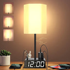 Table Lamp Alarm Clock with USB Ports and AC Outlet, Beside Lamp with Charging Station Speakers and Radio, Power Outlet with Touch Control 3-Way Dimmable Nightstand Lamp for Kids Study Room, Bedroom