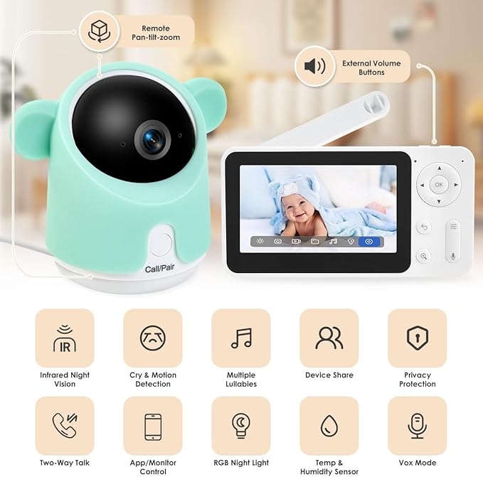 Baby Monitor with Camera and Audio, Split-Screen 1080P 2 Baby Cameras Lullabies WiFi Smartphone App Control Night Vision 4.3” Screen 2-Way Talk Temp&Humidity Sensor Motion & Cry Detection iOS/Android