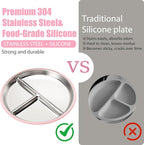 Stainless Steel Kids Plates and Bowls with Suction, Divided Baby Plate and Toddler Bowl with Removable Silicone Suction, Non-Slip Baby Feeding Set Dishwasher Safe, 4 Packs